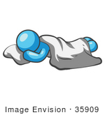 #35909 Clip Art Graphic Of A Sky Blue Guy Character Sleeping On A Pillow With A Blanket