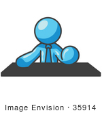#35914 Clip Art Graphic Of A Sky Blue Guy Character Behind A Desk