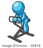 #35916 Clip Art Graphic Of A Sky Blue Guy Character On A Stationary Bike