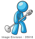 #35918 Clip Art Graphic Of A Sky Blue Guy Character Singing With A Microphone On A Stand