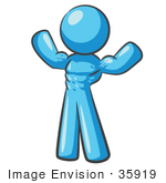 #35919 Clip Art Graphic Of A Sky Blue Guy Character Flexing His Muscles