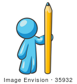 #35932 Clip Art Graphic Of A Sky Blue Guy Character With A Pencil