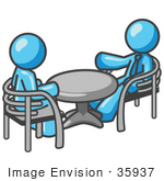 #35937 Clip Art Graphic Of A Sky Blue Guy Character Chatting With A Friend At A Table