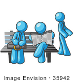 #35942 Clip Art Graphic Of Sky Blue Guy Characters At A Bus Stop