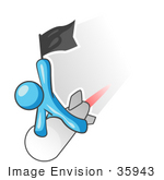 #35943 Clip Art Graphic Of A Sky Blue Guy Character On A Rocket