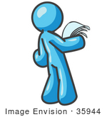 #35944 Clip Art Graphic Of A Sky Blue Guy Character Reading A Notice