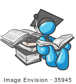 #35945 Clip Art Graphic Of A Sky Blue Guy Character Graduate Reading