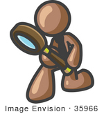 #35966 Clip Art Graphic Of A Brown Guy Character Kneeling And Using A Magnifying Glass