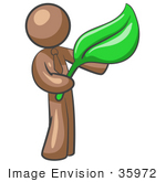 #35972 Clip Art Graphic Of A Brown Guy Character Holding A Leaf