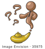 #35975 Clip Art Graphic Of A Brown Guy Character Emerging From A Genie Lamp