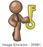 #35981 Clip Art Graphic Of A Brown Guy Character Holding A Skeleton Key
