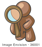 #36001 Clip Art Graphic Of A Brown Guy Character Looking Through A Magnifying Glass