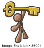 #36004 Clip Art Graphic Of A Brown Guy Character Holding Up A Golden Key