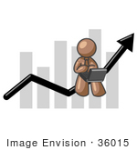 #36015 Clip Art Graphic Of A Brown Guy Character Using A Laptop On A Bar Graph