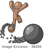 #36030 Clip Art Graphic Of A Brown Guy Character Escaping From A Ball And Chain