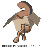 #36053 Clip Art Graphic Of A Brown Guy Character Carrying A Box Of Questions