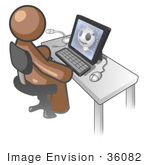 #36082 Clip Art Graphic Of A Brown Guy Character Using A Computer