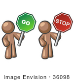 #36098 Clip Art Graphic Of A Brown Guy Character With Go And Stop Signs
