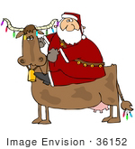 #36152 Clip Art Graphic Of Santa Riding A Decorated Cow