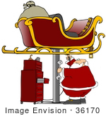 #36170 Clip Art Graphic Of Santa Holding A Wrench And Light Under A Sleigh While Fixing It In A Garage