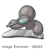 #36223 Clip Art Graphic Of A Grey Guy Character Reading With A Magnifying Glass