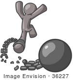 #36227 Clip Art Graphic Of A Grey Guy Character Breaking Free From A Ball And Chain