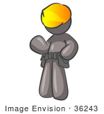 #36243 Clip Art Graphic Of A Grey Guy Character Wearing A Toolbelt And Hardhat Waving
