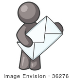 #36276 Clip Art Graphic Of A Grey Guy Character Holding An Envelope