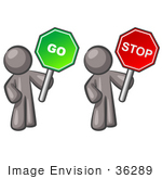 #36289 Clip Art Graphic Of Grey Guy Characters Holding Stop And Go Signs