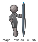 #36295 Clip Art Graphic Of A Grey Lady Character Standing With A Pen