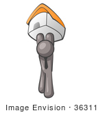 #36311 Clip Art Graphic Of A Grey Guy Character Holding Up A House
