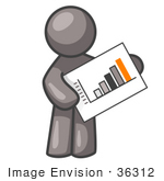 #36312 Clip Art Graphic Of A Grey Guy Character Holding A Bar Graph