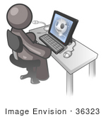 #36323 Clip Art Graphic Of A Grey Guy Character Using A Computer