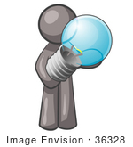 #36328 Clip Art Graphic Of A Grey Guy Character Holding A Light Bulb