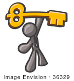 #36329 Clip Art Graphic Of A Grey Guy Character Holding Up A Skeleton Key