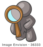 #36333 Clip Art Graphic Of A Grey Guy Character Kneeling And Looking Through A Magnifying Glass
