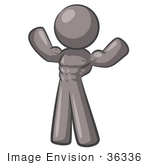 #36336 Clip Art Graphic Of A Grey Guy Character Flexing His Muscles