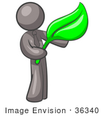 #36340 Clip Art Graphic Of A Grey Guy Character Holding A Green Leaf
