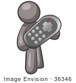 #36346 Clip Art Graphic Of A Grey Guy Character Holding A Remote Control