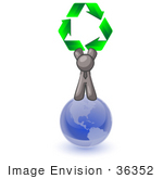 #36352 Clip Art Graphic Of A Grey Guy Character On A Globe With Recycle Arrows