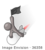 #36358 Clip Art Graphic Of A Grey Guy Character On A Rocket With A Flag