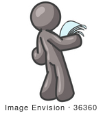#36360 Clip Art Graphic Of A Grey Guy Character Reading Papers