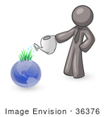 #36376 Clip Art Graphic Of A Grey Guy Character Watering Planet Earth