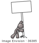 #36385 Clip Art Graphic Of A Grey Guy Character Inserting A Sign In The Ground