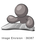 #36387 Clip Art Graphic Of A Grey Guy Character Reading A Book