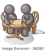 #36393 Clip Art Graphic Of Grey Guy Characters Sitting At A Table And Looking At Papers