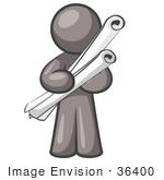 #36400 Clip Art Graphic Of A Grey Guy Character Holding Blueprint Scrolls