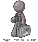 #36402 Clip Art Graphic Of A Grey Guy Character With A Camera And Luggage