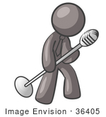 #36405 Clip Art Graphic Of A Grey Guy Character Tipping A Microphone