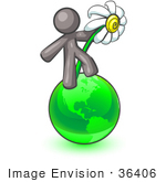 #36406 Clip Art Graphic Of A Grey Guy Character With A Daisy On Earth